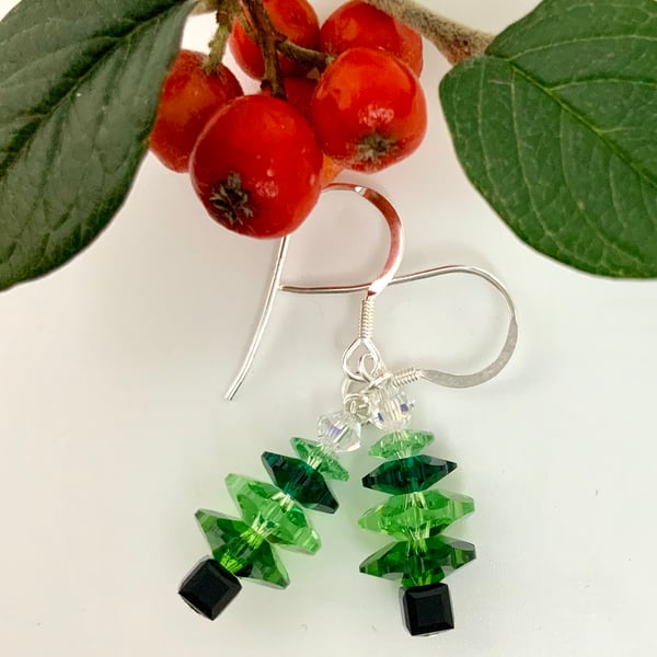 Christmas Tree Earrings - silver, green red drop earrings metalsmith.A 