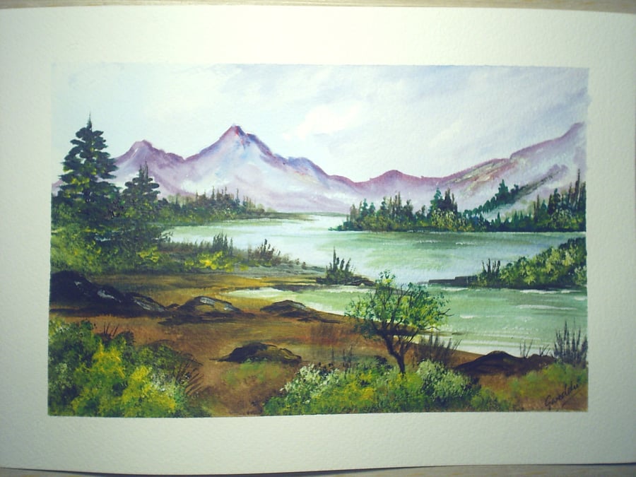 acrylic painting landscape lake mountains