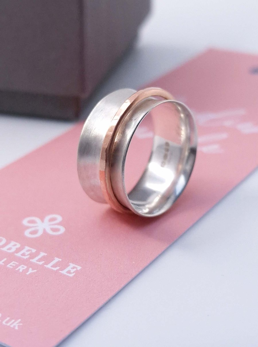 Silver spinning fidget ring with copper spinner (size L-M)