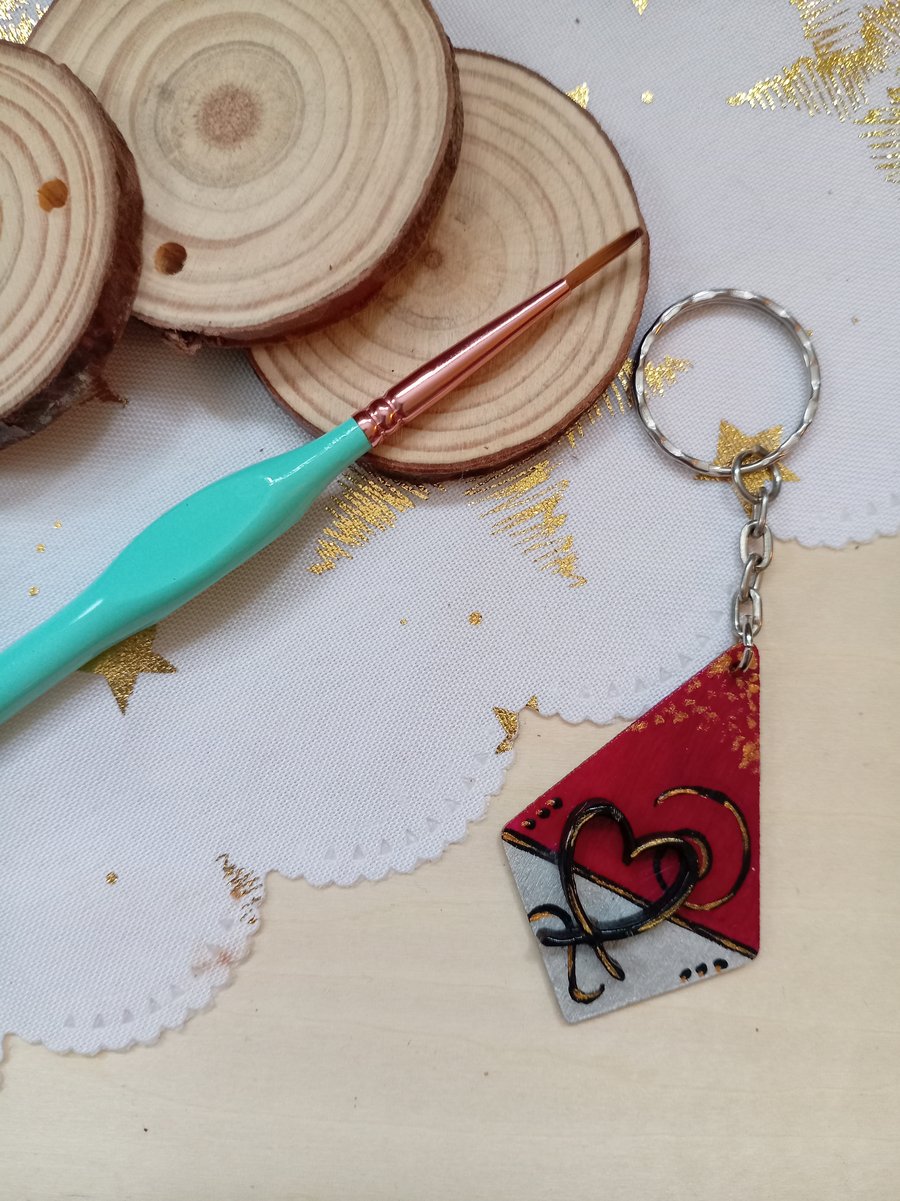 Wooden diamond shaped heart keyring