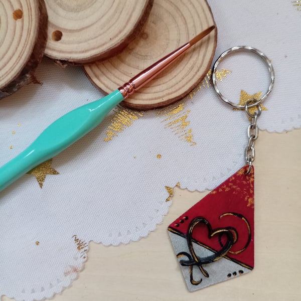 Wooden diamond shaped heart keyring