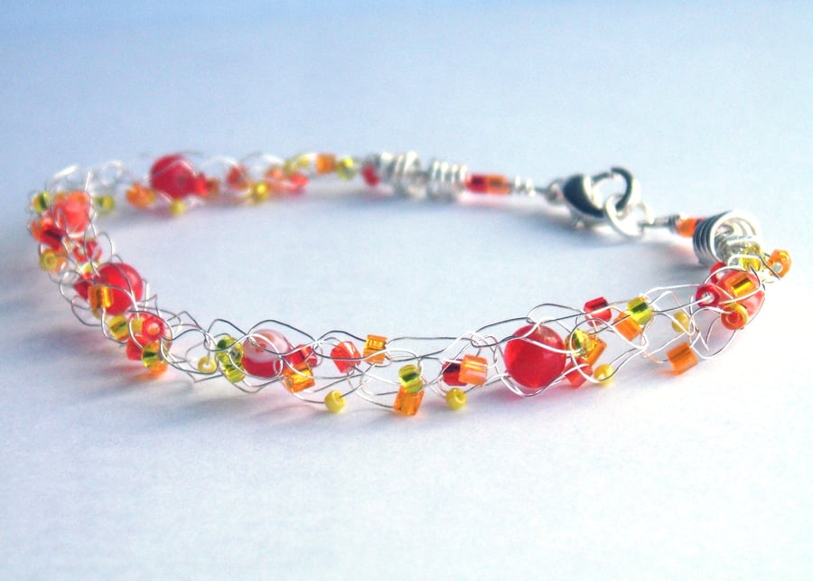 Knitted Beaded Bracelet in Orange, Red & Yellow