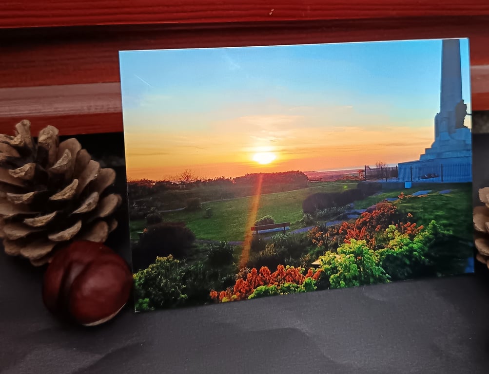A6 Greetings card: Wirral war memorial sunset photograph