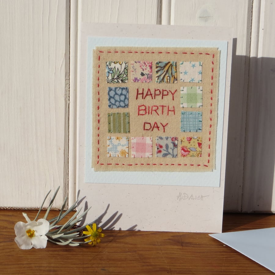 Hand-stitched little 'patchwork' birthday card, very pretty and unusual!