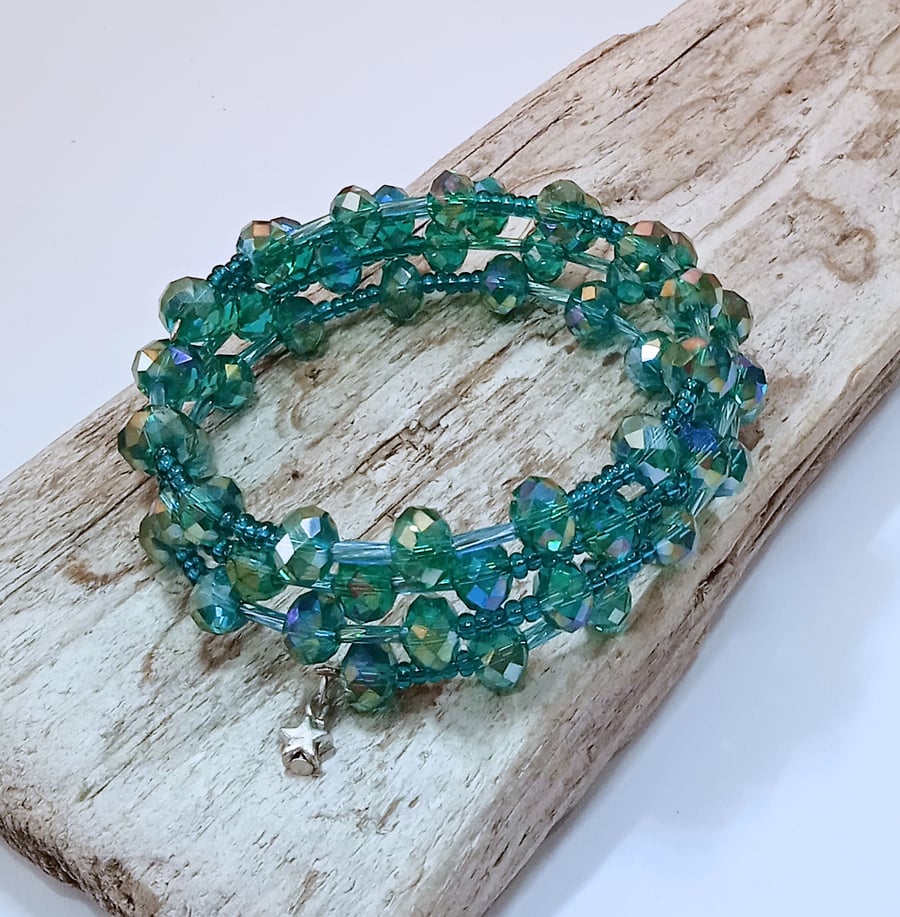 Green Crystal Bead Wrap Bracelet - UK Free Post