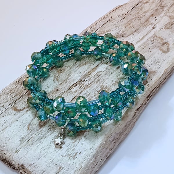 Green Crystal Bead Wrap Bracelet - UK Free Post