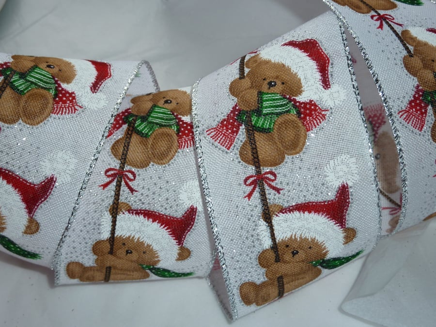 1 Metre Wire Edged Christmas Ribbon 63mm Cute Xmas Teddy Bears