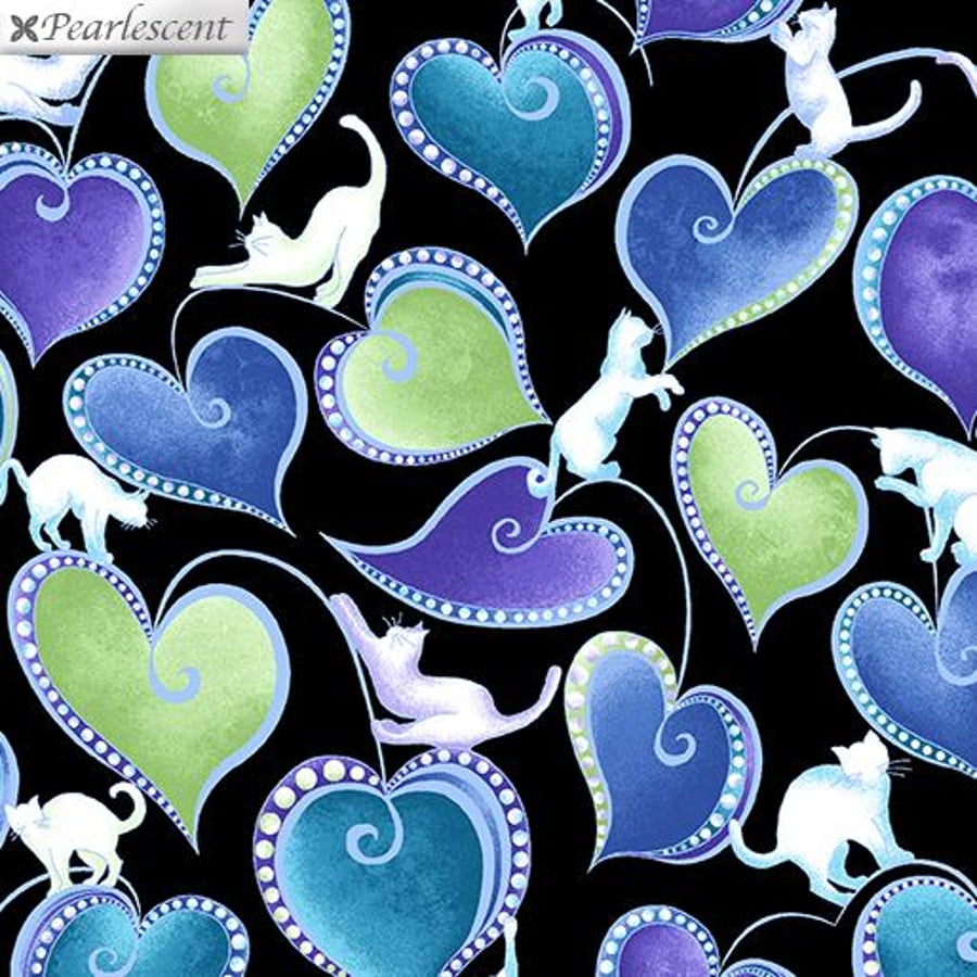 Cat-i-tude Singing the Blues - Hearts and Cats black multi - Benartex 