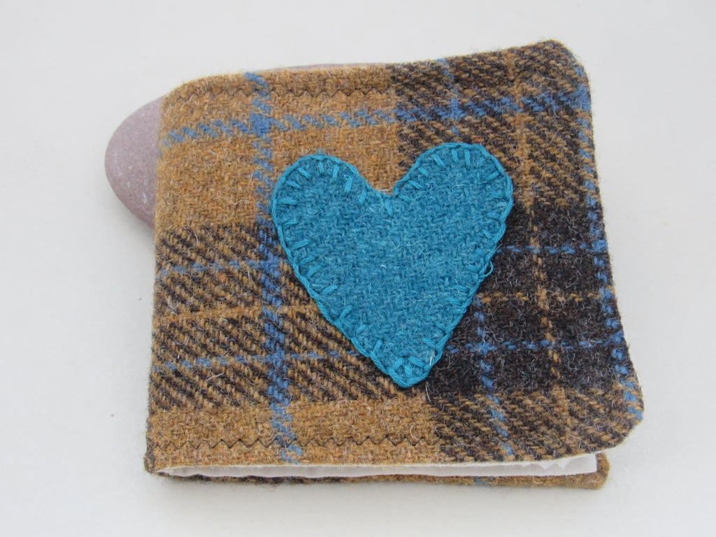 Handmade Mustard and Blue Heart Tweed Needlebook