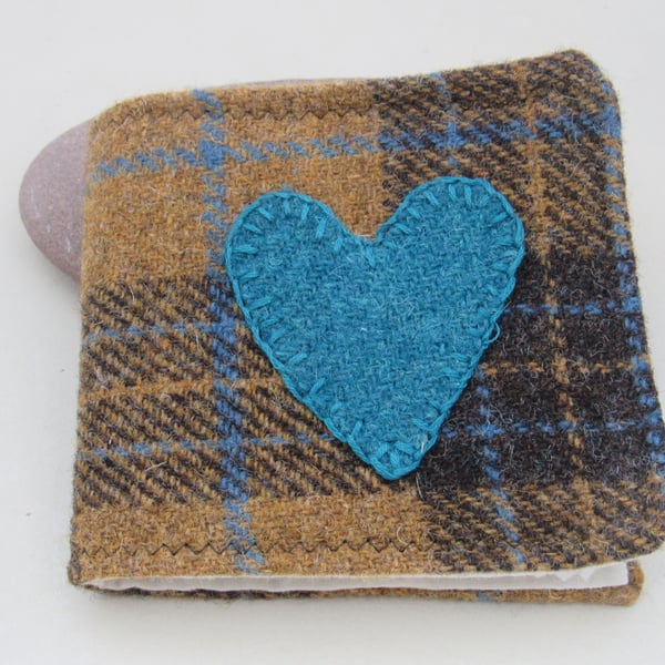 Handmade Mustard and Blue Heart Tweed Needlebook