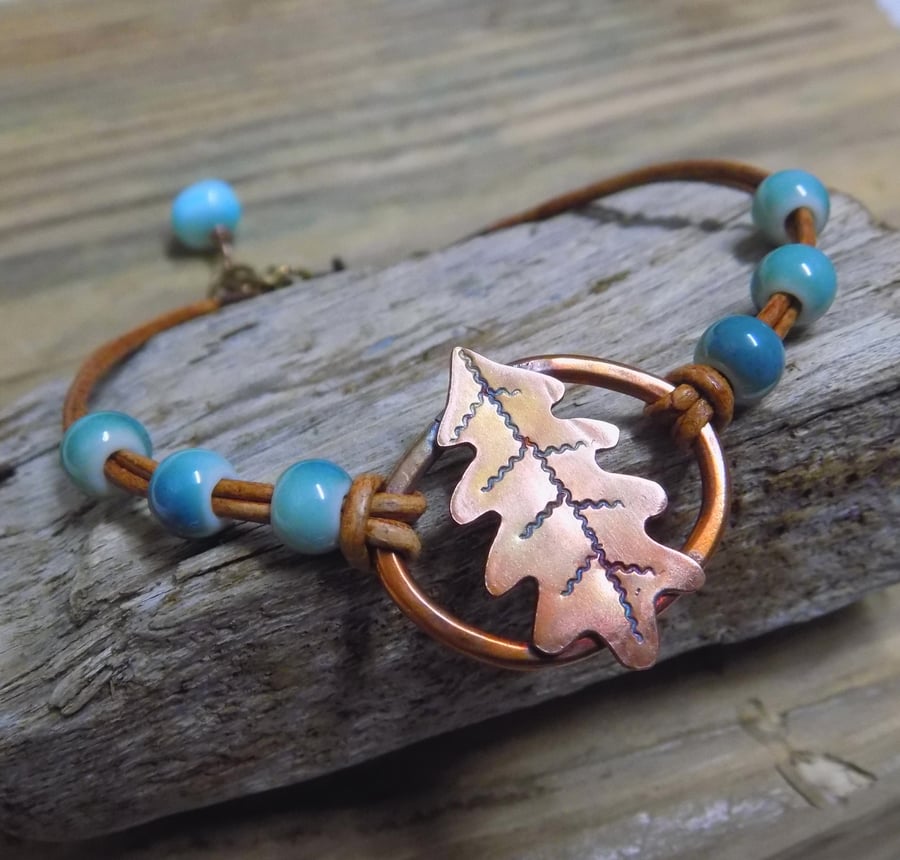 Copper oak leaf aged rustic bracelet 