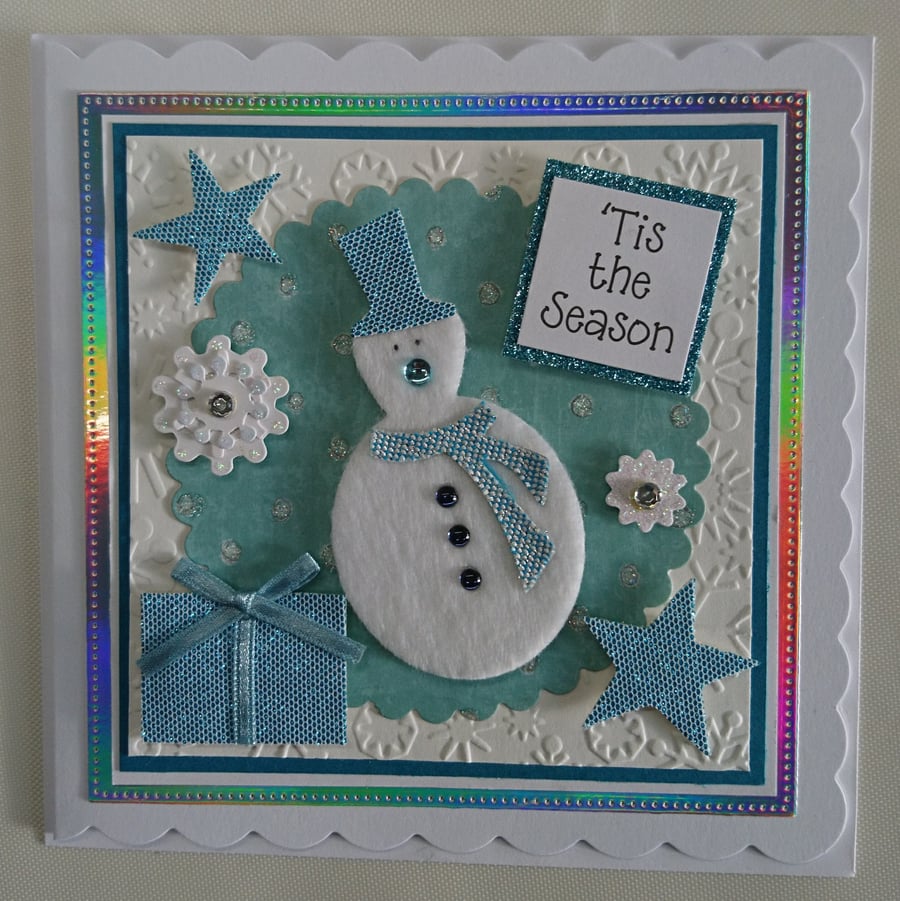 Christmas Card Felt Snowman Snowflakes 'Tis The Season 3D Luxury Handmade Card