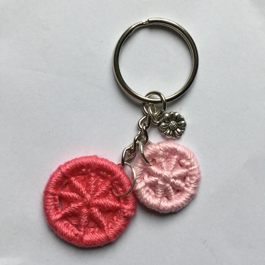 Keyring Bag Charm with Pink Dorset Buttons and a Flower Charm
