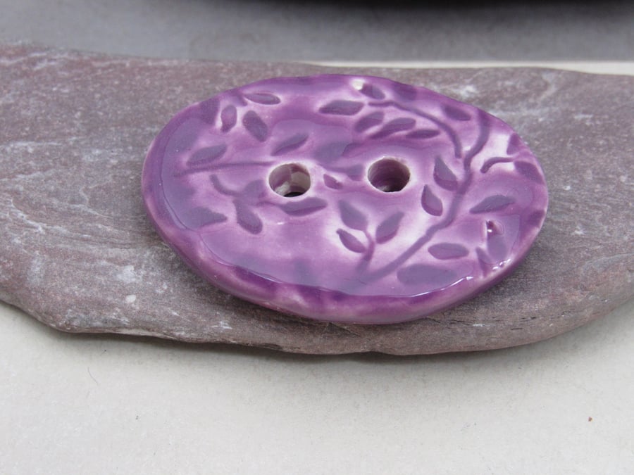 Large Lilac Purple Sprig Oval Handmade Ceramic Button