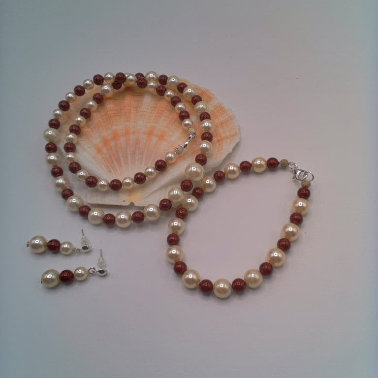Maroon and Cream Pearl Necklace Bracelet and Earrings Set, Pearl Jewellery 