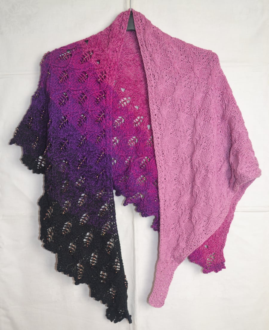 Hand Knitted Asymmetric Shawl Pink Purple Black 100% Cotton Beaded ca 140x66cm