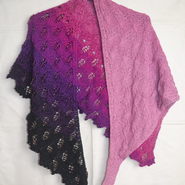 Hand Knitted Asymmetric Shawl Pink Purple Black 100% Cotton Beaded ca 140x66cm