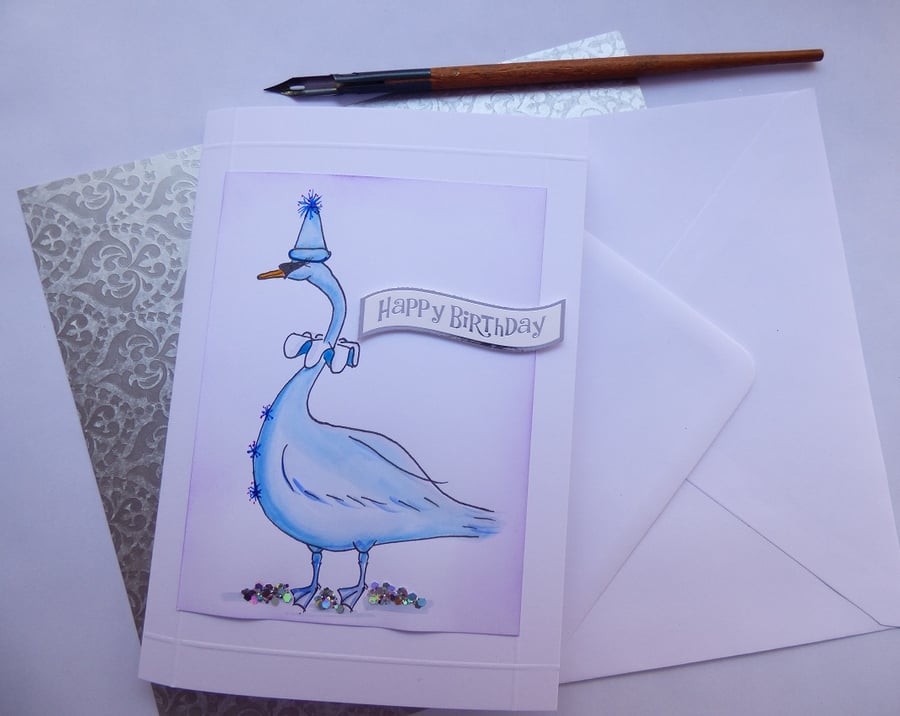 Blue Swan Birthday Card