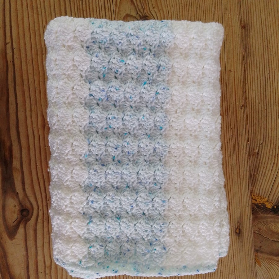 Handmade baby blanket in a white and ice blue colourway