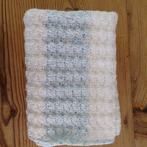 Handmade baby blanket in a white and ice blue colourway