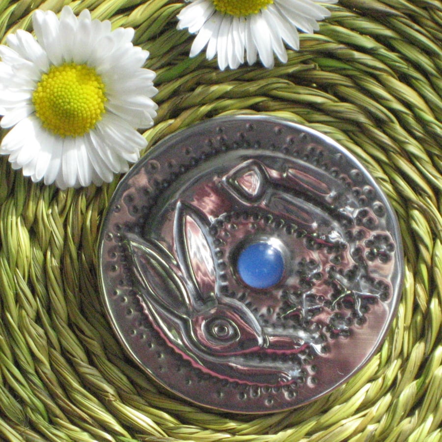 Leaping Hare Silver Pewter Brooch with Blue Agate