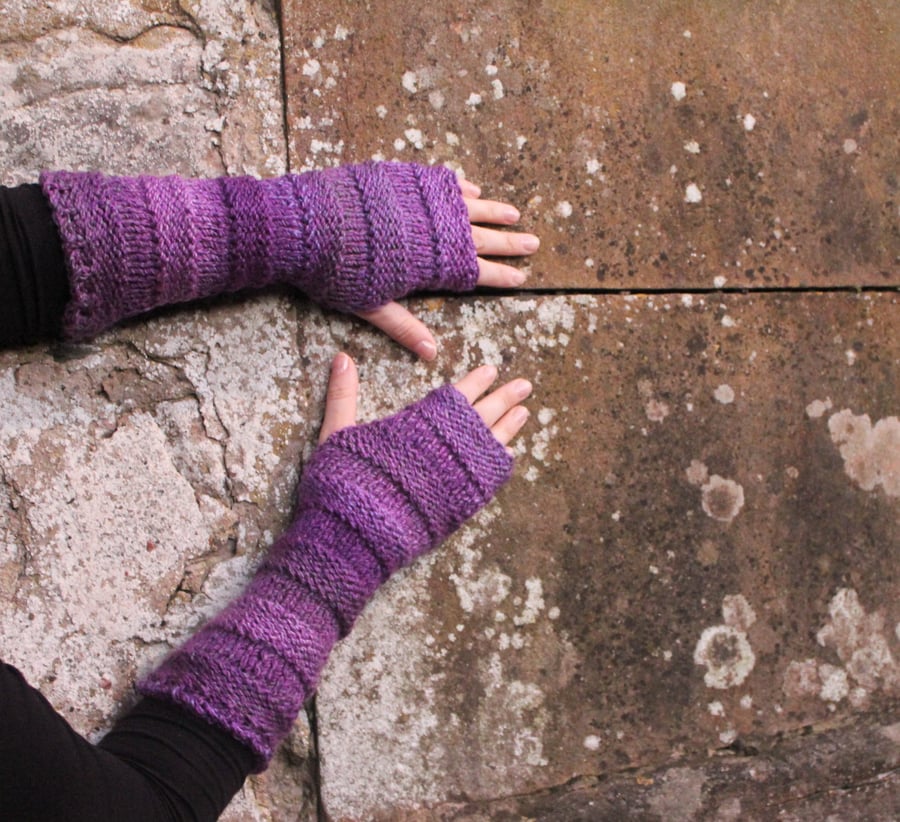 Fingerless gloves, mittens, purple arm warmers