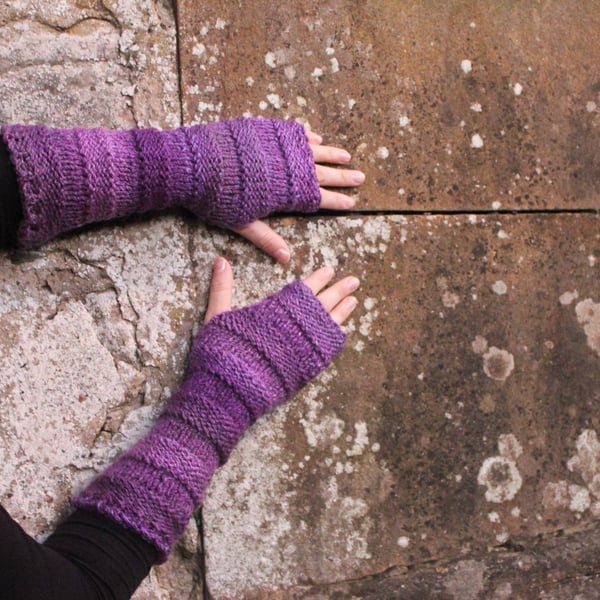 Fingerless gloves, mittens, purple arm warmers