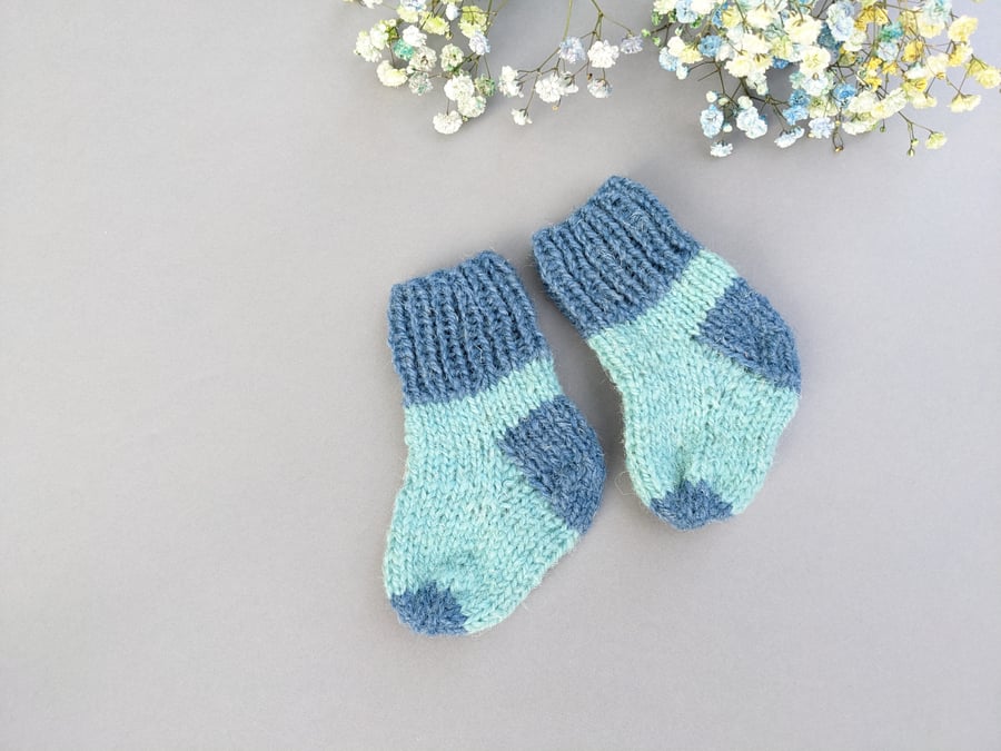 Hand knit newborn baby socks sheep wool, handmade blue shade