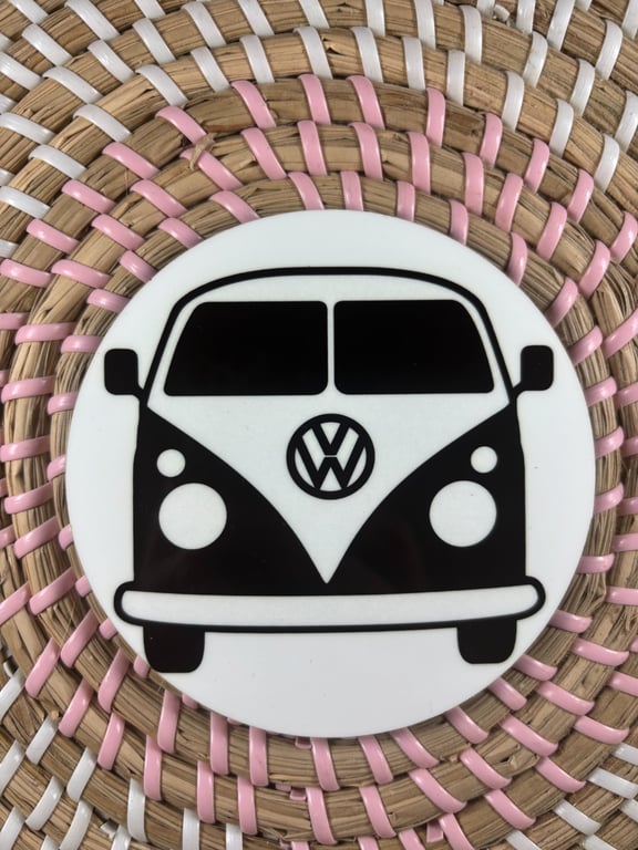 Retro Camper Van Wooden Coaster – Classic Black & White Camper Design – Handmade