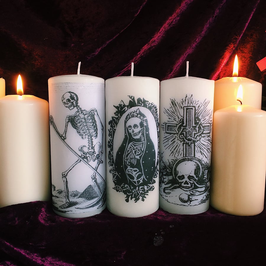 Three Gothic Skull Death Candles