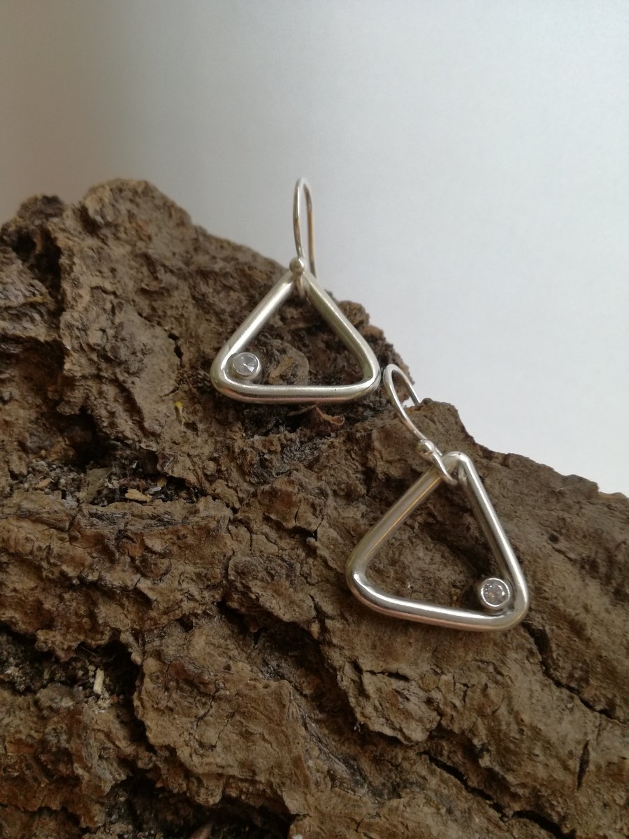 Triangular silver cubic zirconia, diamond like, earrings