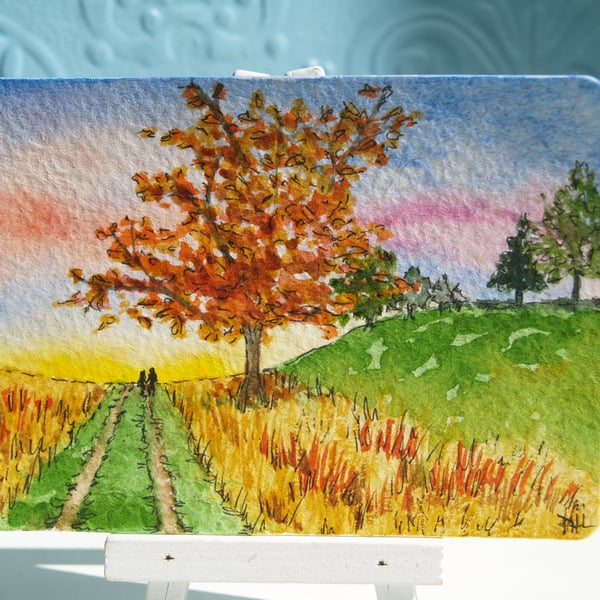 ACEO Original Autumn Evening Walk