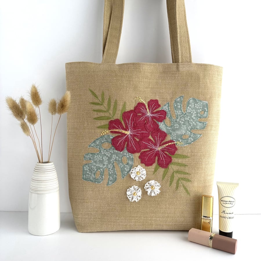 Tropical Tote Bag with Hibiscus and Monstera