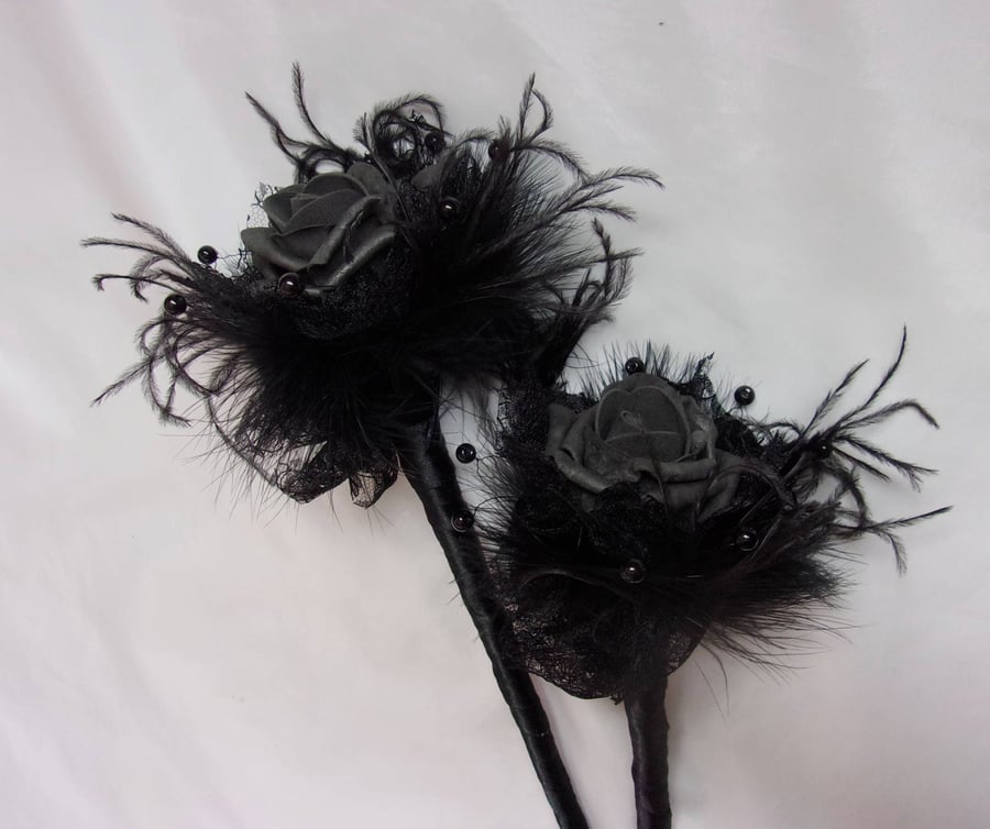 Black Fairy Wand Rose Bud Feather Lace & Crystal Wedding Fairywand Gothic Faerie