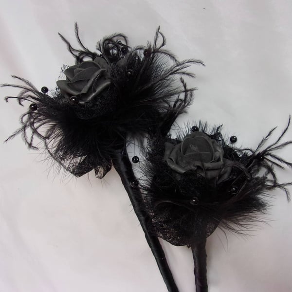 Black Fairy Wand Rose Bud Feather Lace & Crystal Wedding Fairywand Gothic Faerie