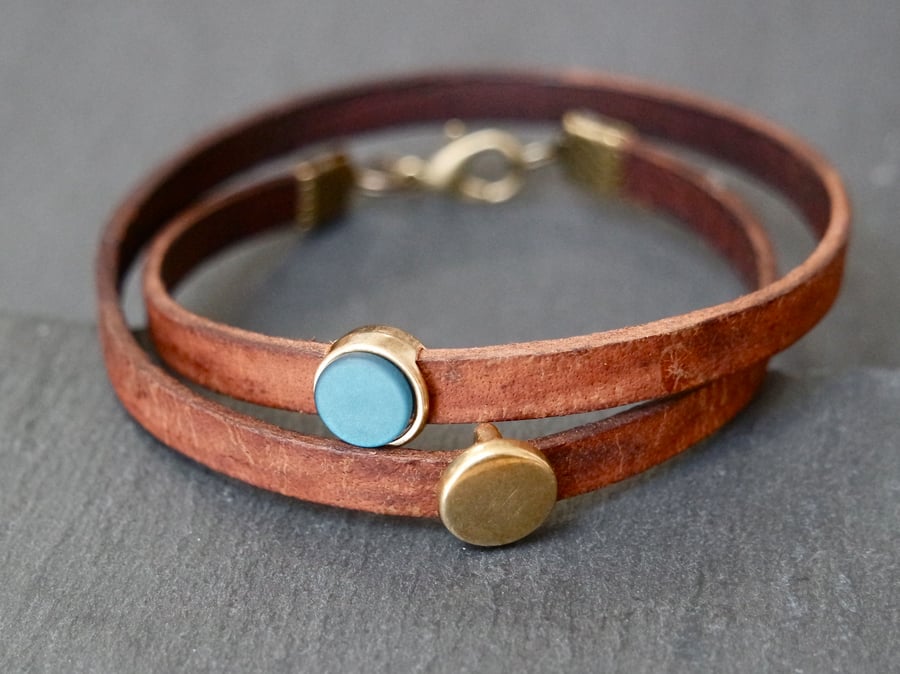 Leather wrap bracelet - teal antique-gold brown
