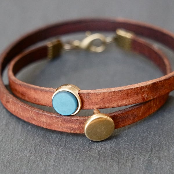 Leather wrap bracelet - teal antique-gold brown