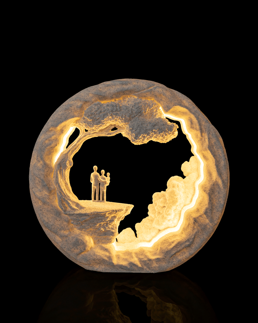 3D Printed Family Silhouette Lamp – Warm Ambient Tree Landscape Light