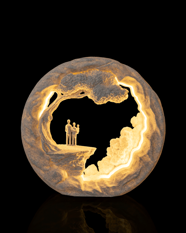 3D Printed Family Silhouette Lamp – Warm Ambient Tree Landscape Light