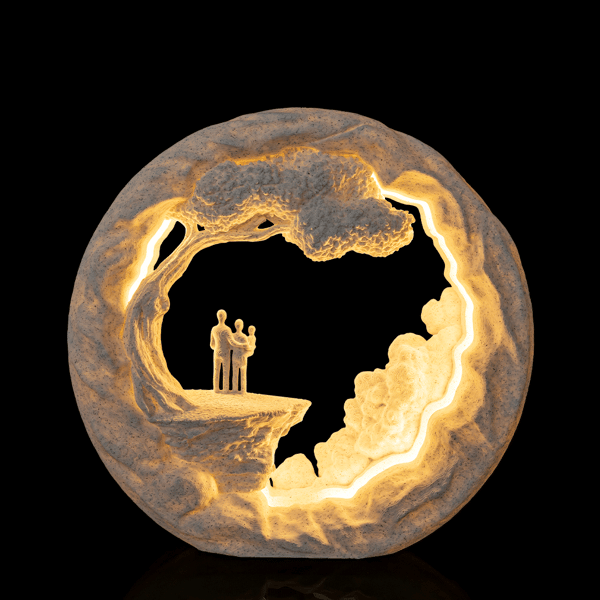 3D Printed Family Silhouette Lamp – Warm Ambient Tree Landscape Light
