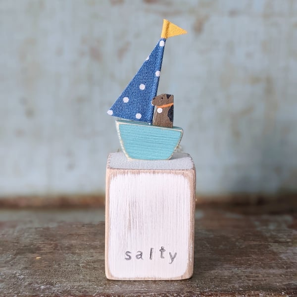 Tiny Handmade Nautical Wooden Ornament, Dark Blue Dotty Sailing Boat 