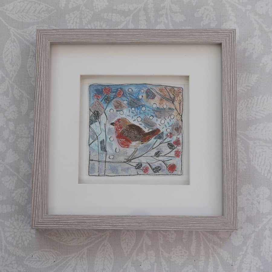 Framed Free Motion Robin Embroidery Textile Art 