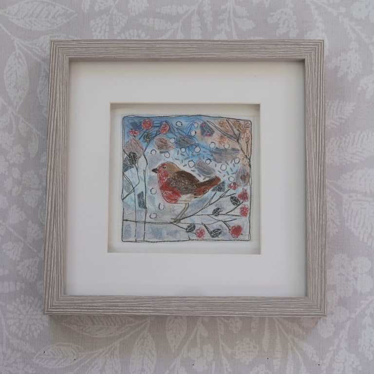 Framed Free Motion Robin Embroidery Textile Art 