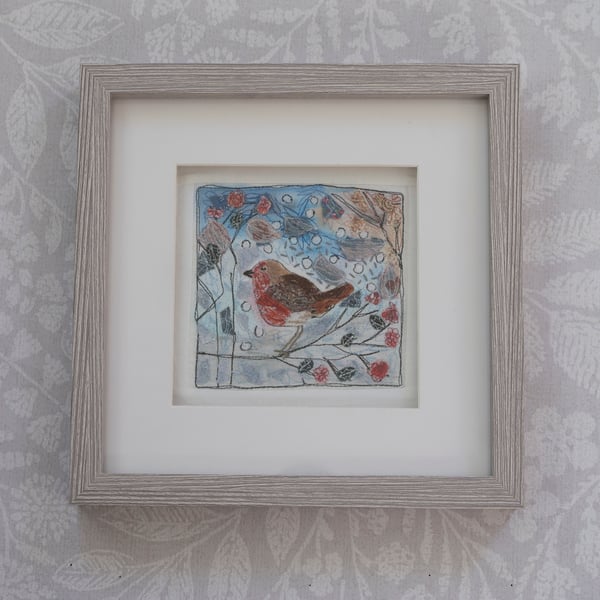 Framed Free Motion Robin Embroidery Textile Art 