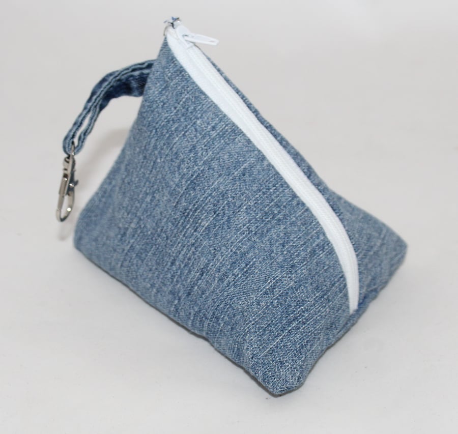, Eco pyramid purse,Handmade triangular blue denim,key ring, gift
