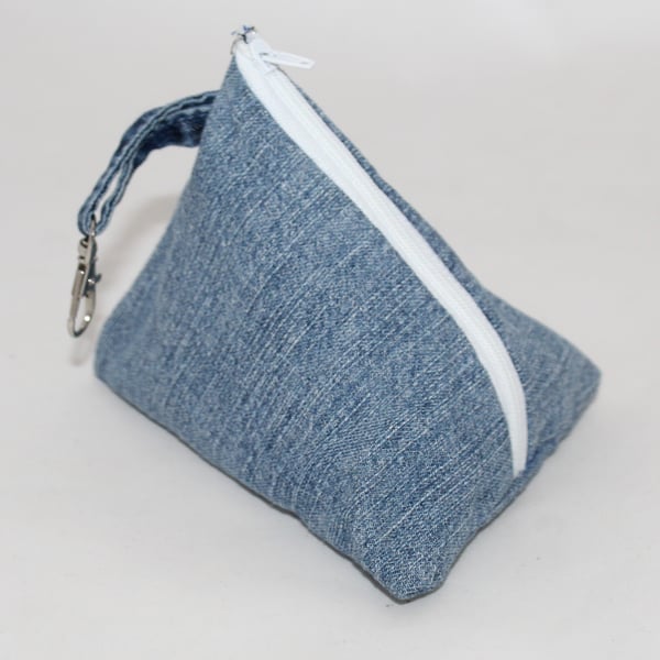 , Eco pyramid purse,Handmade triangular blue denim,key ring, gift