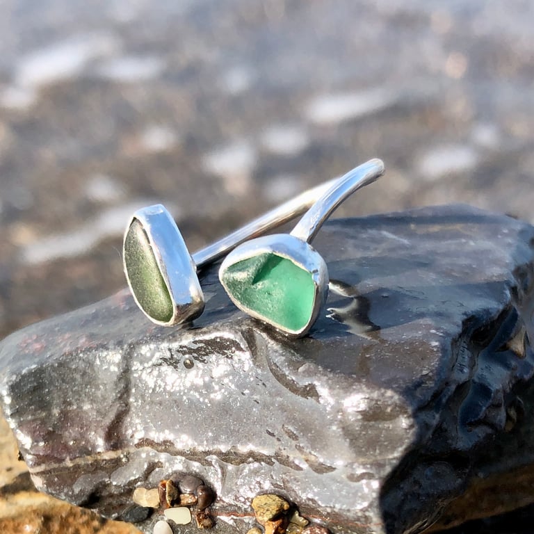Olive & Green Sea Glass and Sterling Silver Spiral Adjustable Ring - 1238