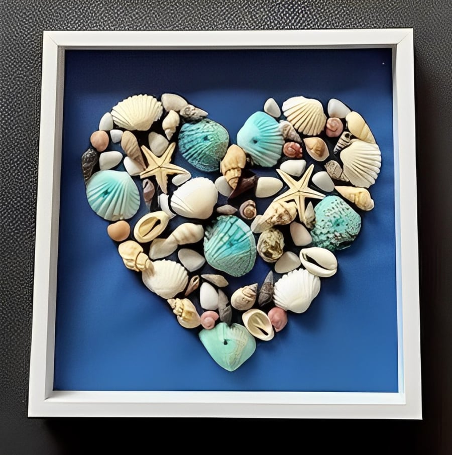 Heart shaped seashells picture frame