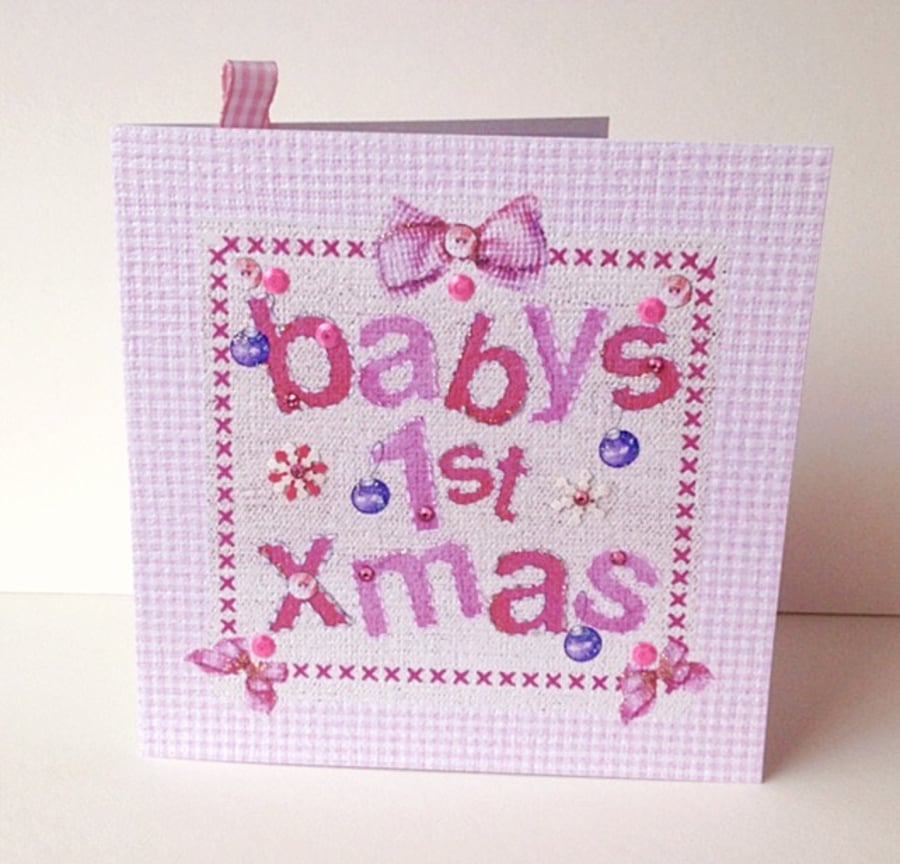 Baby's1st Xmas Card Pink,Printed Applique Design,Handmade Xmas Baby Card