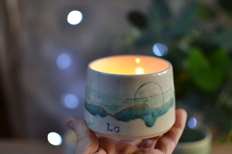 Seascape Ceramic Candle pot - Complete with a large tea light